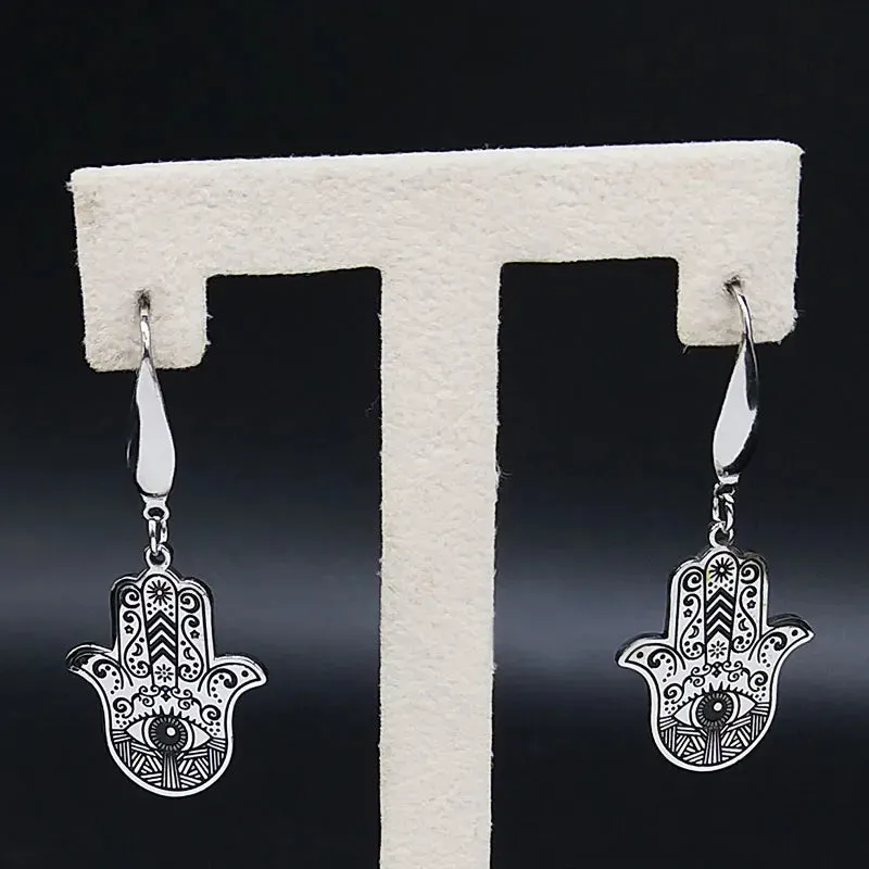 Hamsa Hand Stainless Steel Dangle Earrings Women Black Enamel Earrings