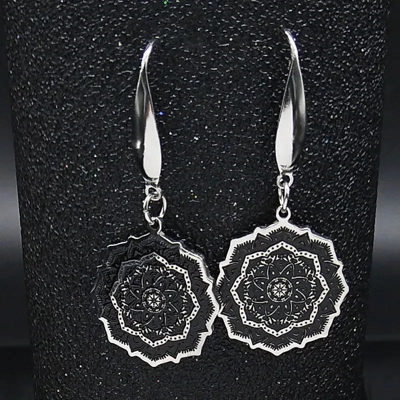 Hamsa Hand Stainless Steel Dangle Earrings Women Black Enamel Earrings