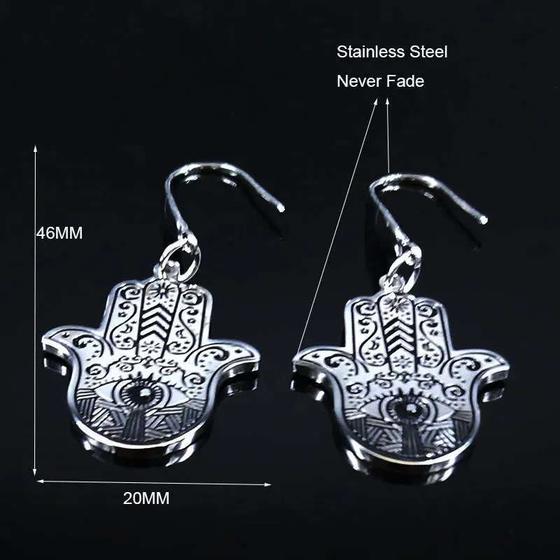 Hamsa Hand Stainless Steel Dangle Earrings Women Black Enamel Earrings