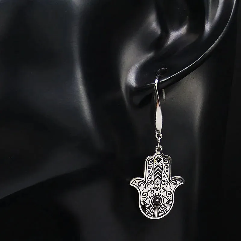 Hamsa Hand Stainless Steel Dangle Earrings Women Black Enamel Earrings