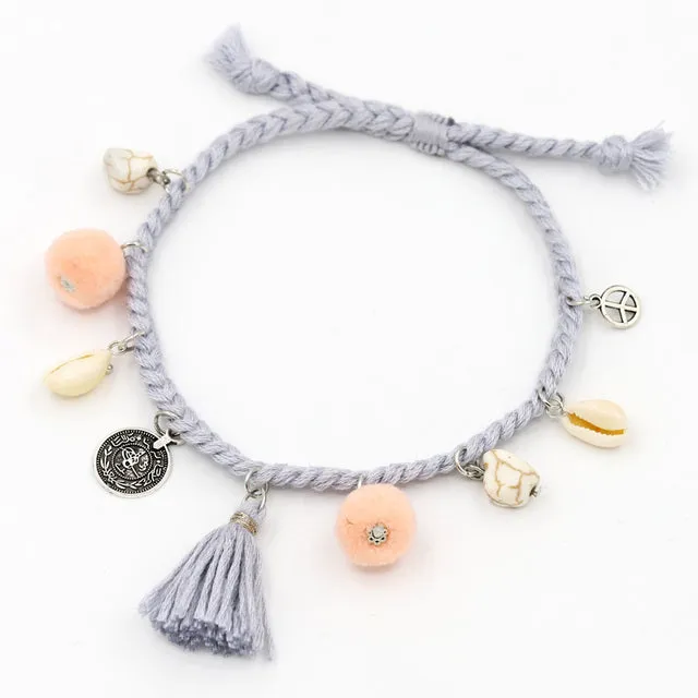 Hand-woven Rope with Shell Tassel Natural Stone Adjustable Ankle