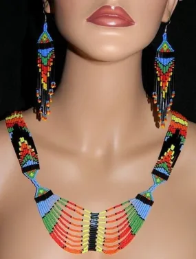 Handmade red and green beaded necklace with earrings and free shipping