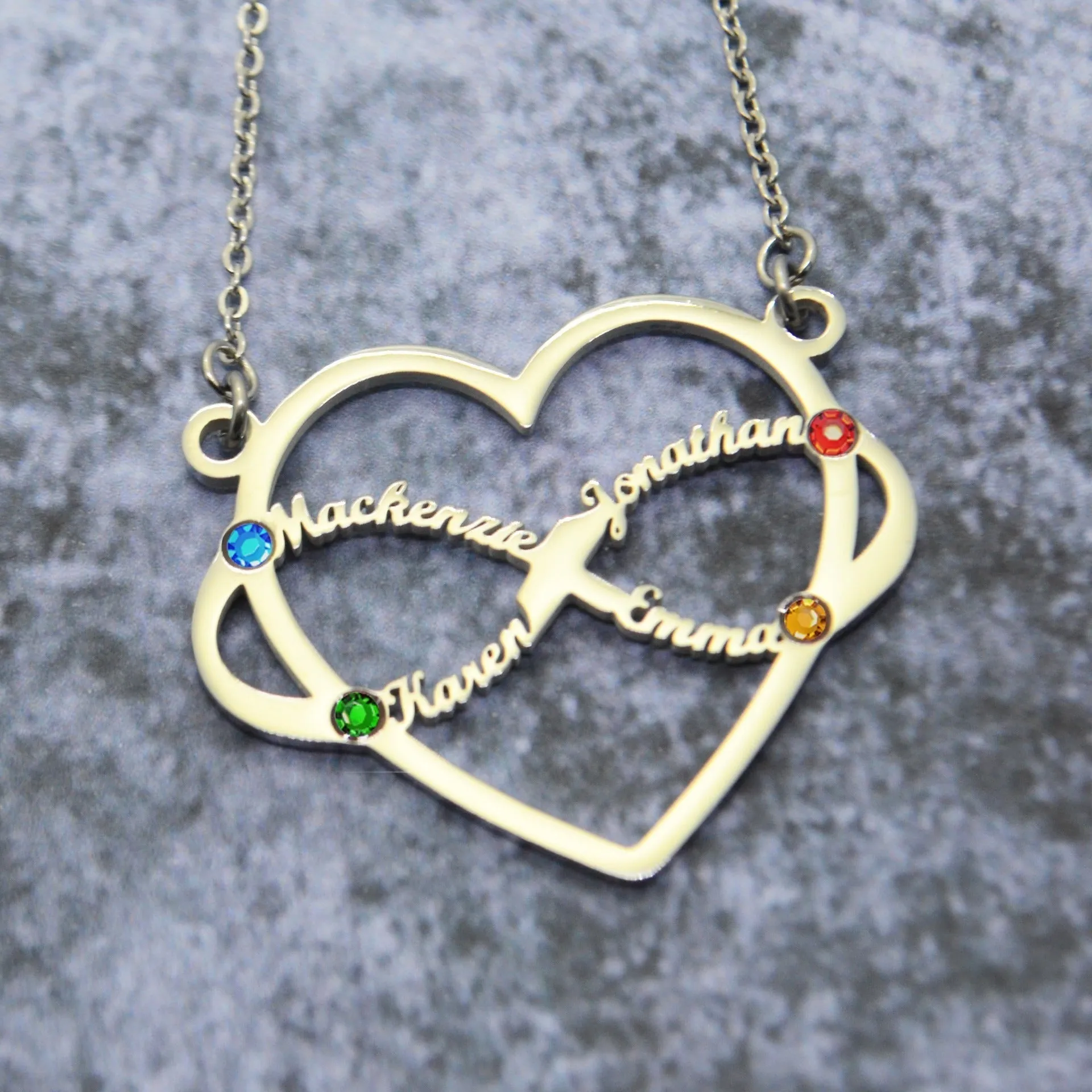 Infinite Love Heart Name Necklace with Birthstones