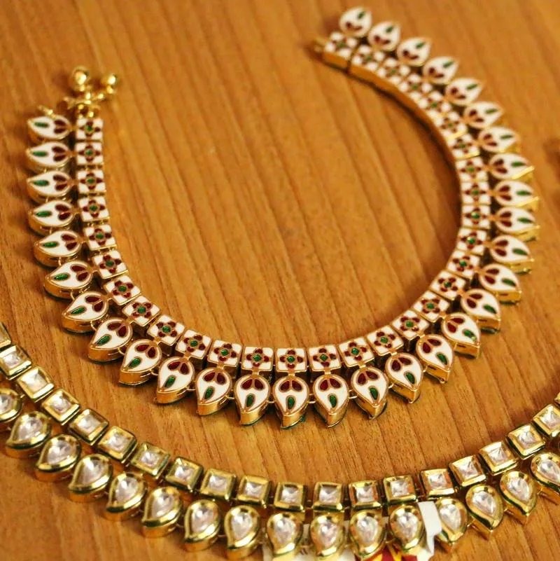 KUNDAN POLKI & PAISLEY MEENAKARI GOLD PLATED ANKLETS