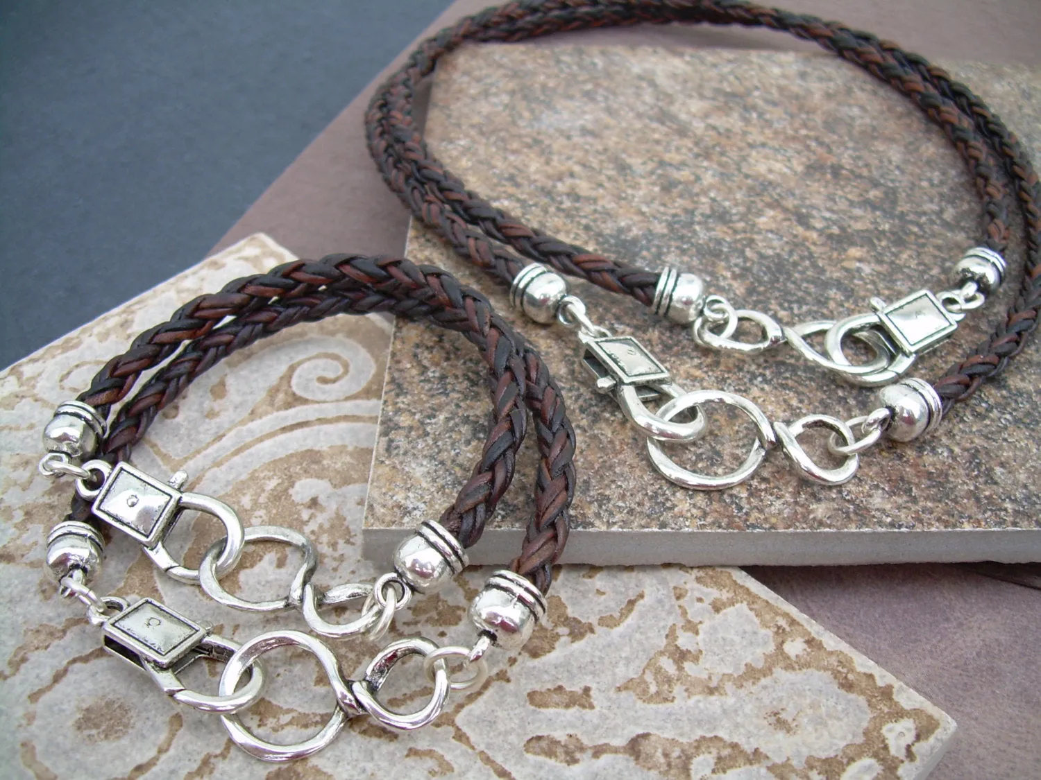 Leather Infinity Bracelet and Infinity Necklace Set His and Hers Four Piece Set