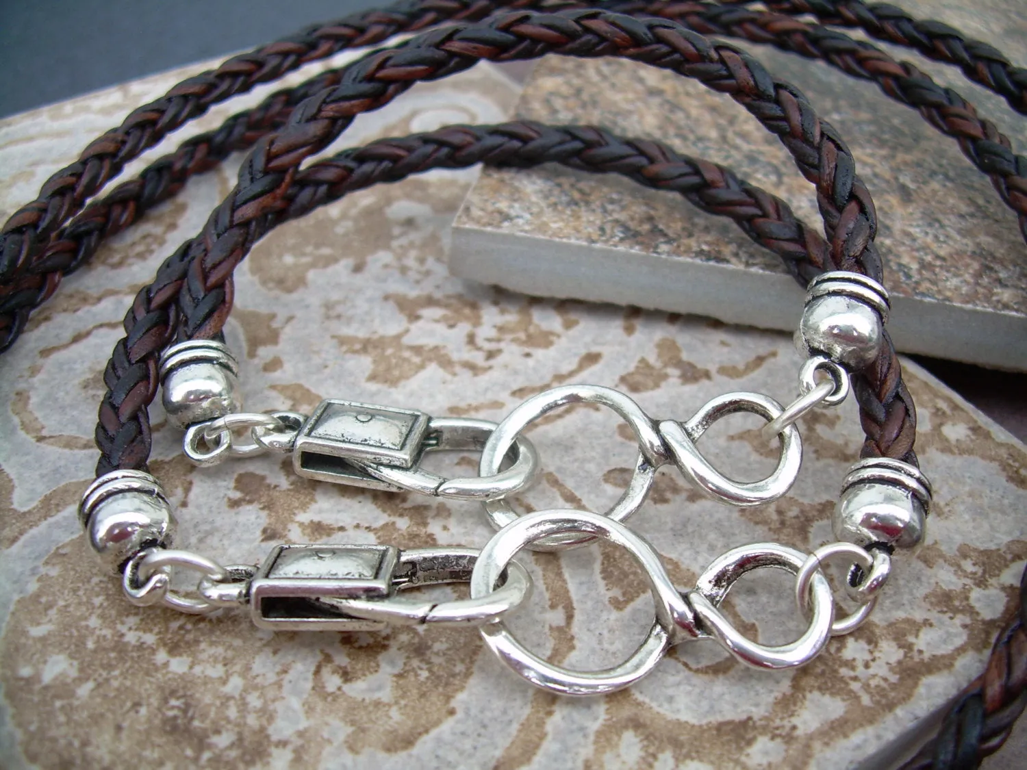 Leather Infinity Bracelet and Infinity Necklace Set His and Hers Four Piece Set
