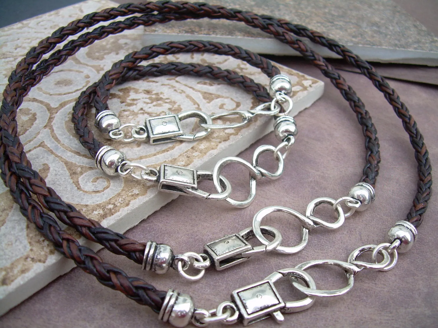 Leather Infinity Bracelet and Infinity Necklace Set His and Hers Four Piece Set