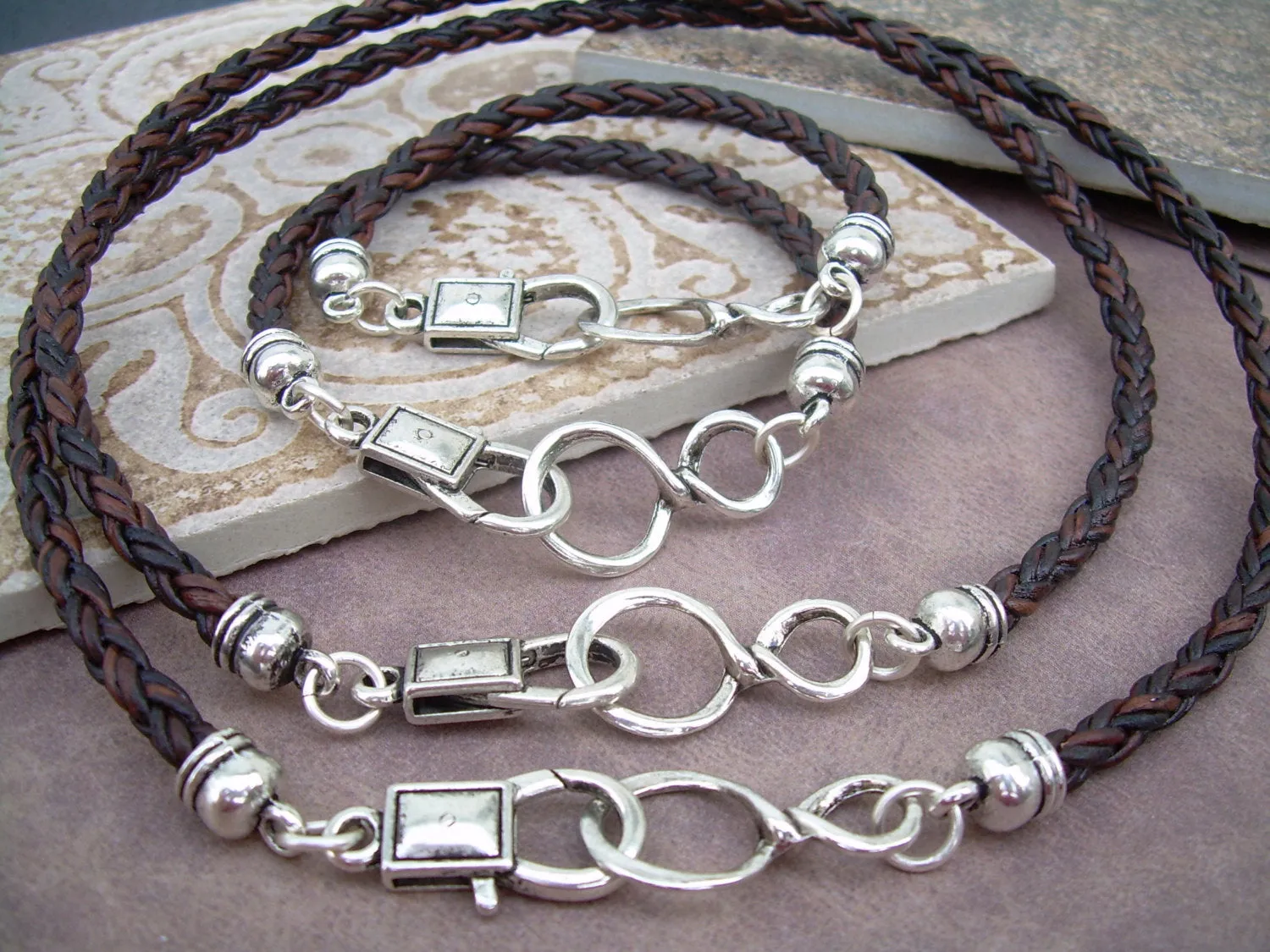 Leather Infinity Bracelet and Infinity Necklace Set His and Hers Four Piece Set