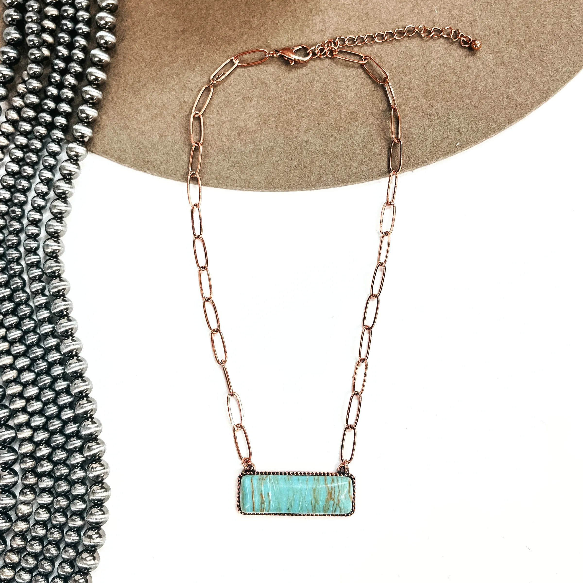 Let's Link Up Copper Tone Chain Necklace with Rectangle Agate Stone Pendant in Turquoise