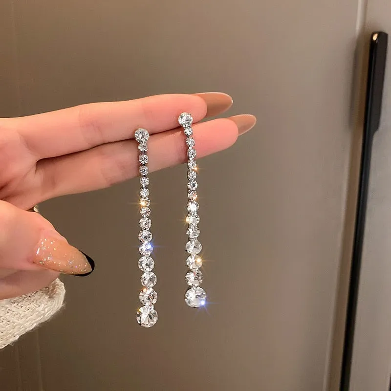 Long Tassel Drop Earrings Geometric Zircon Crystal Earrings for Women