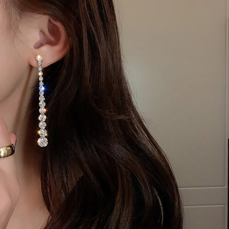 Long Tassel Drop Earrings Geometric Zircon Crystal Earrings for Women