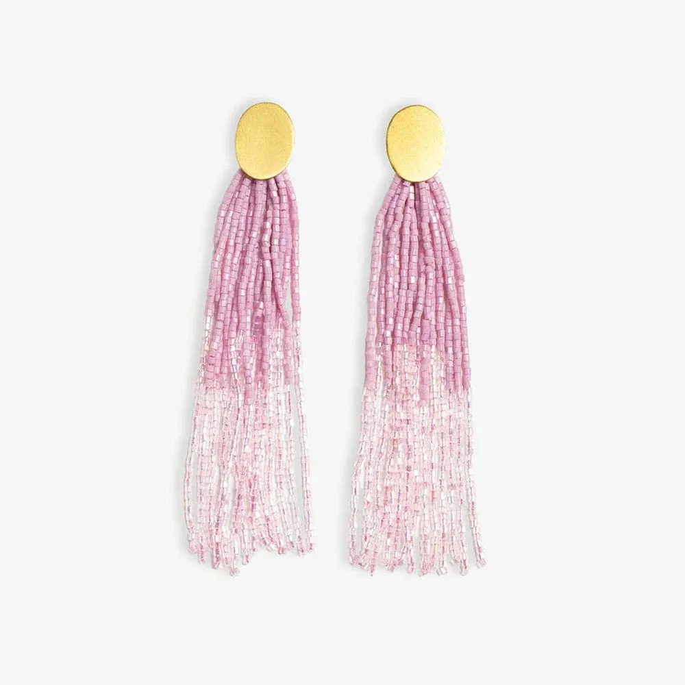 Mae Oval Brass Post 2-Color Beaded Tassel Earrings - Light Lavender