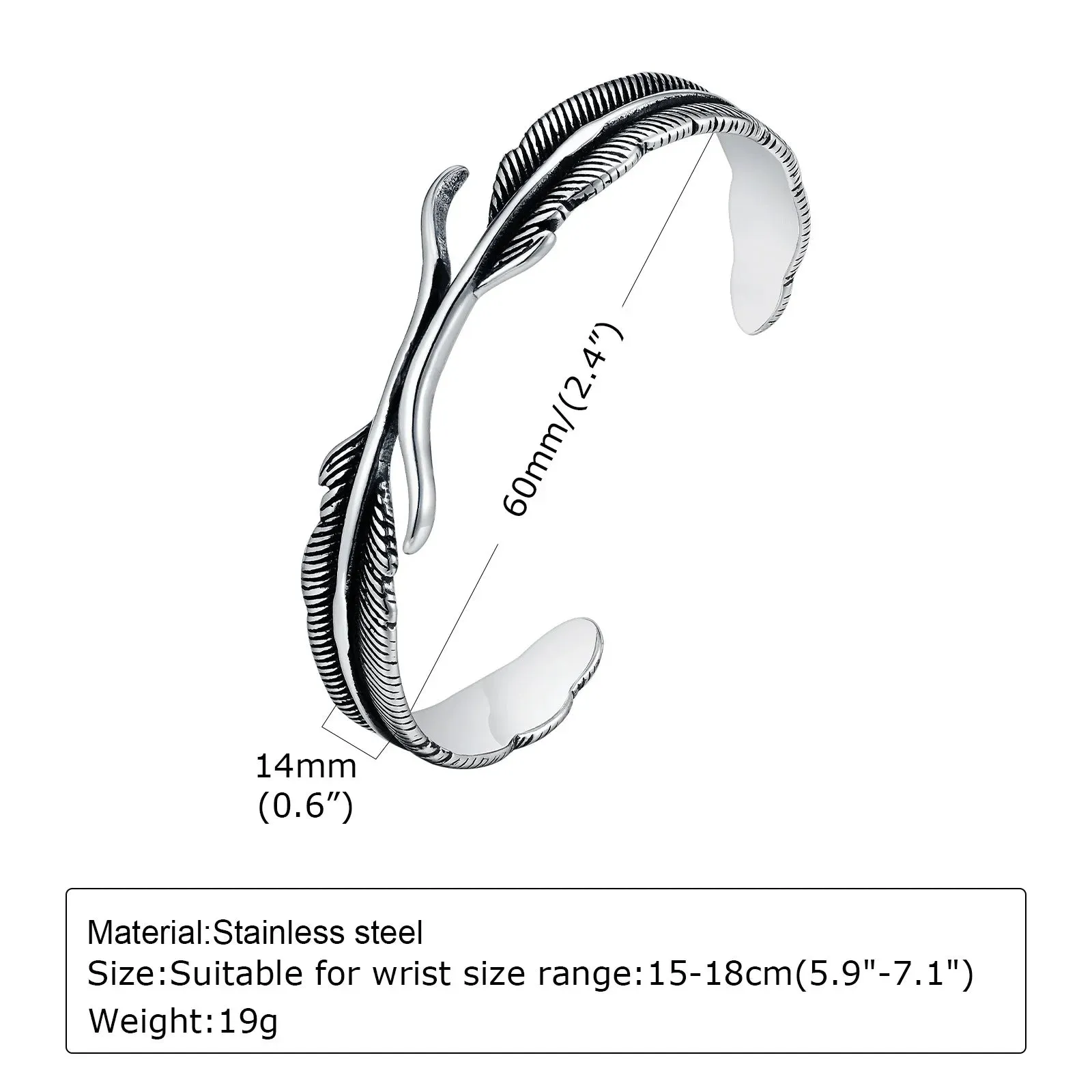Men Vintage Cuff Bangle,Twisted Stainless Steel Knot Feather Bracelet