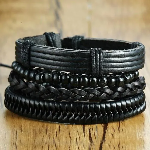 Mens Black Wristbands Set Of 4 Adjustable Multi-Layer