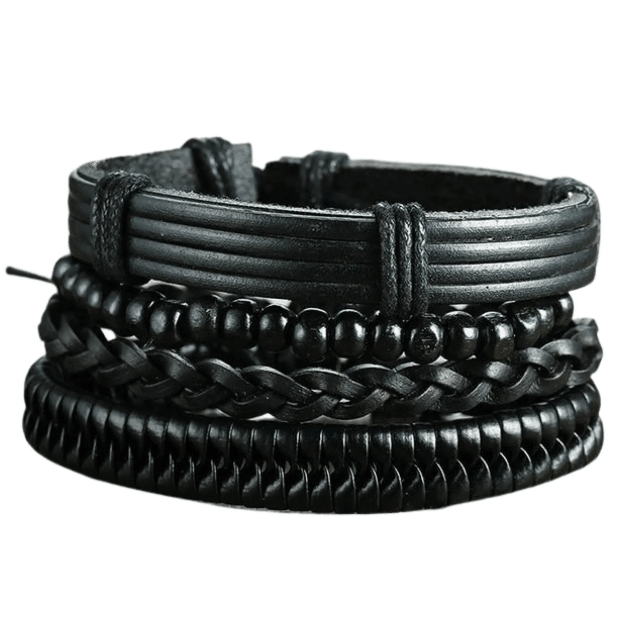 Mens Black Wristbands Set Of 4 Adjustable Multi-Layer
