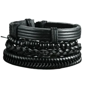 Mens Black Wristbands Set Of 4 Adjustable Multi-Layer