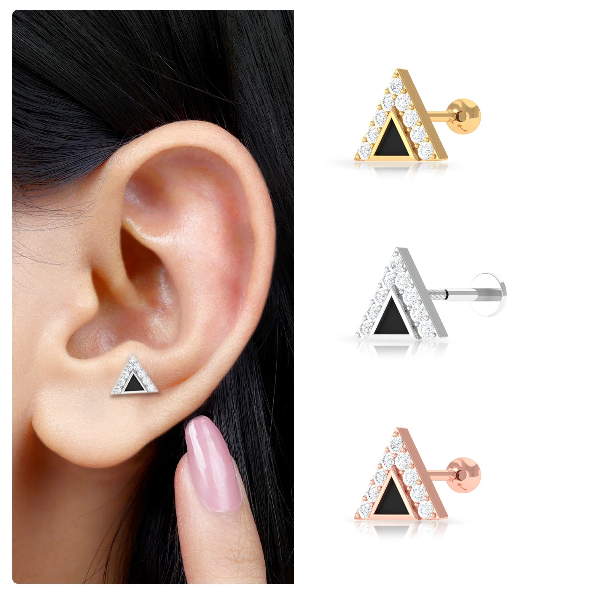 Moissanite and Black Enamel Triangle Cartilage Earring