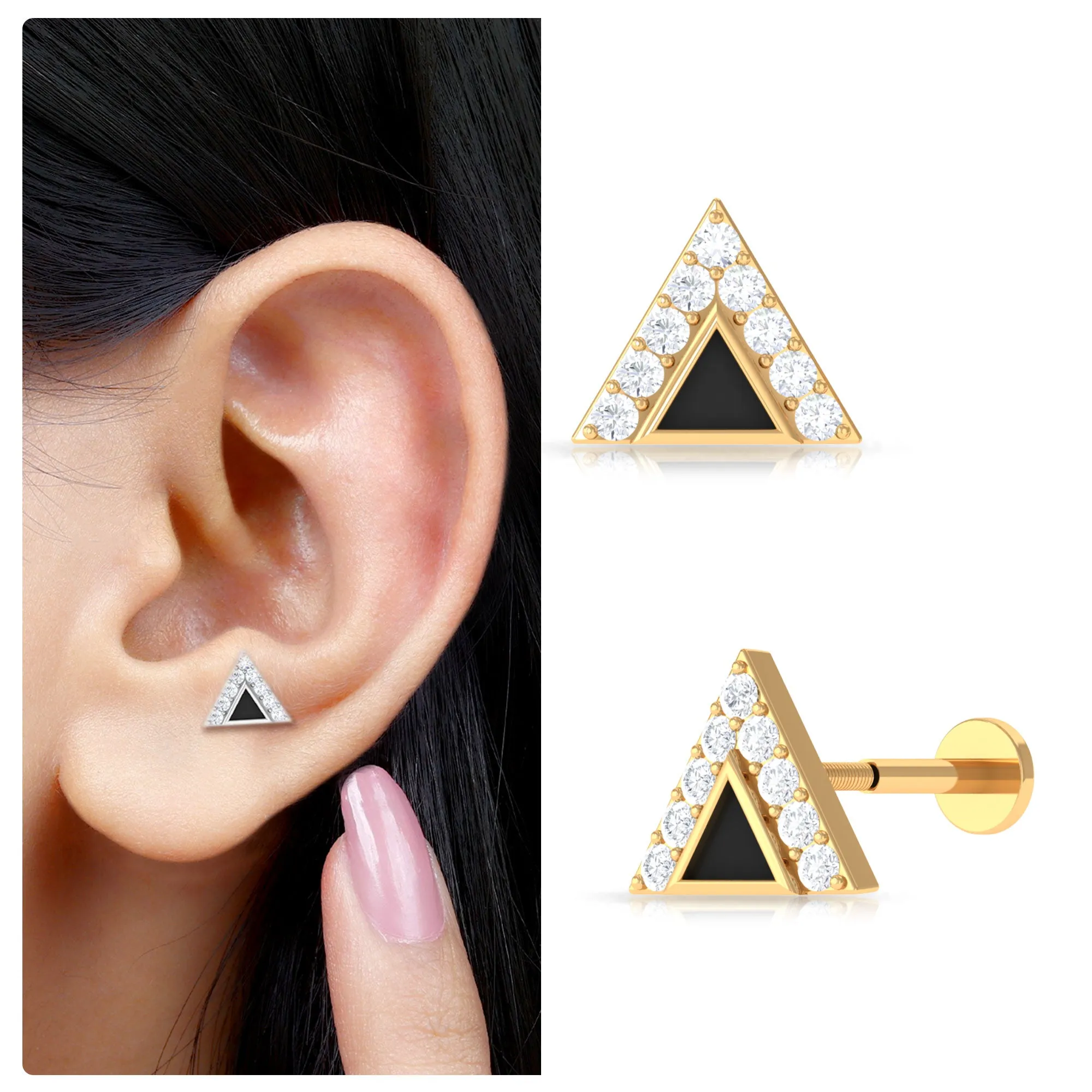 Moissanite and Black Enamel Triangle Cartilage Earring