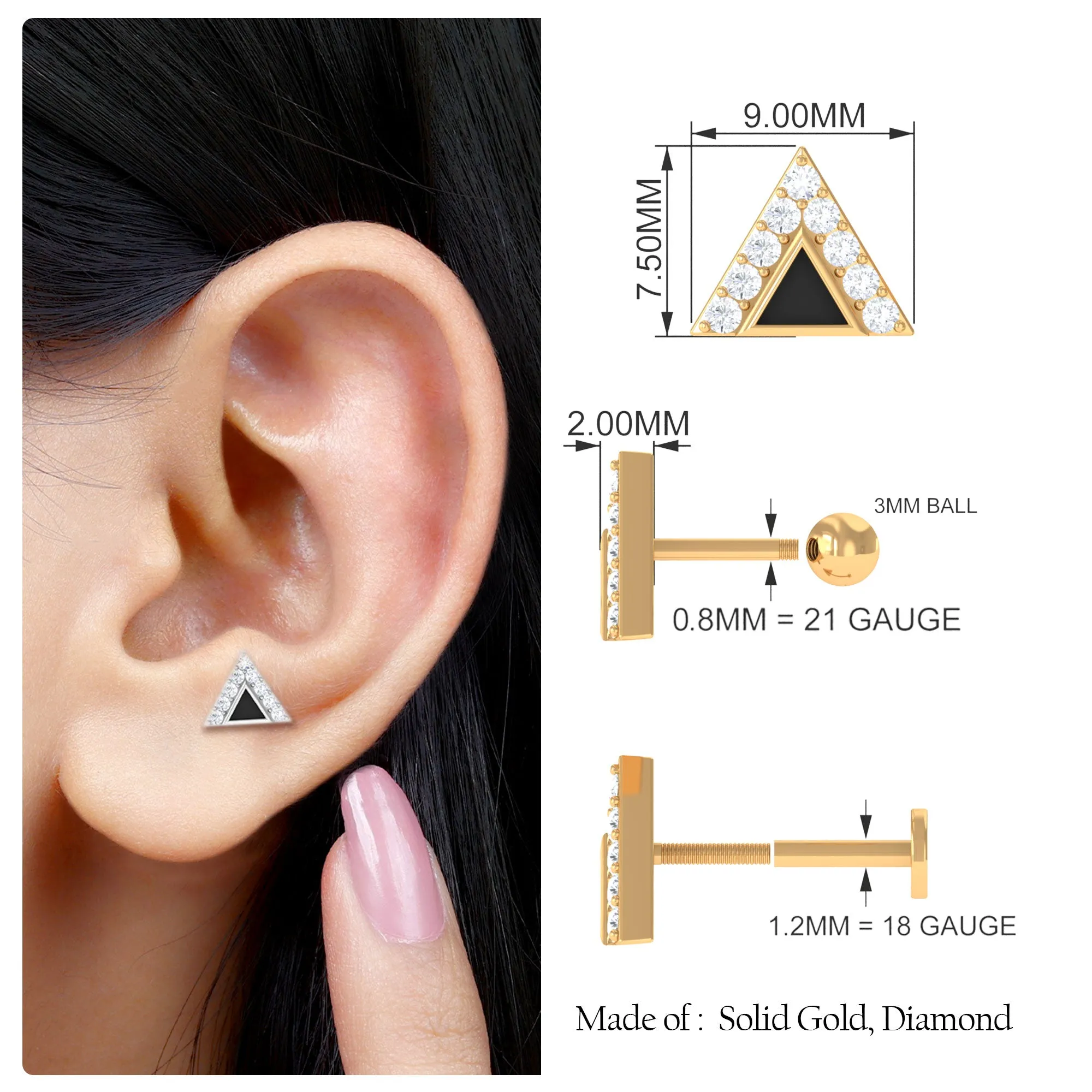 Moissanite and Black Enamel Triangle Cartilage Earring