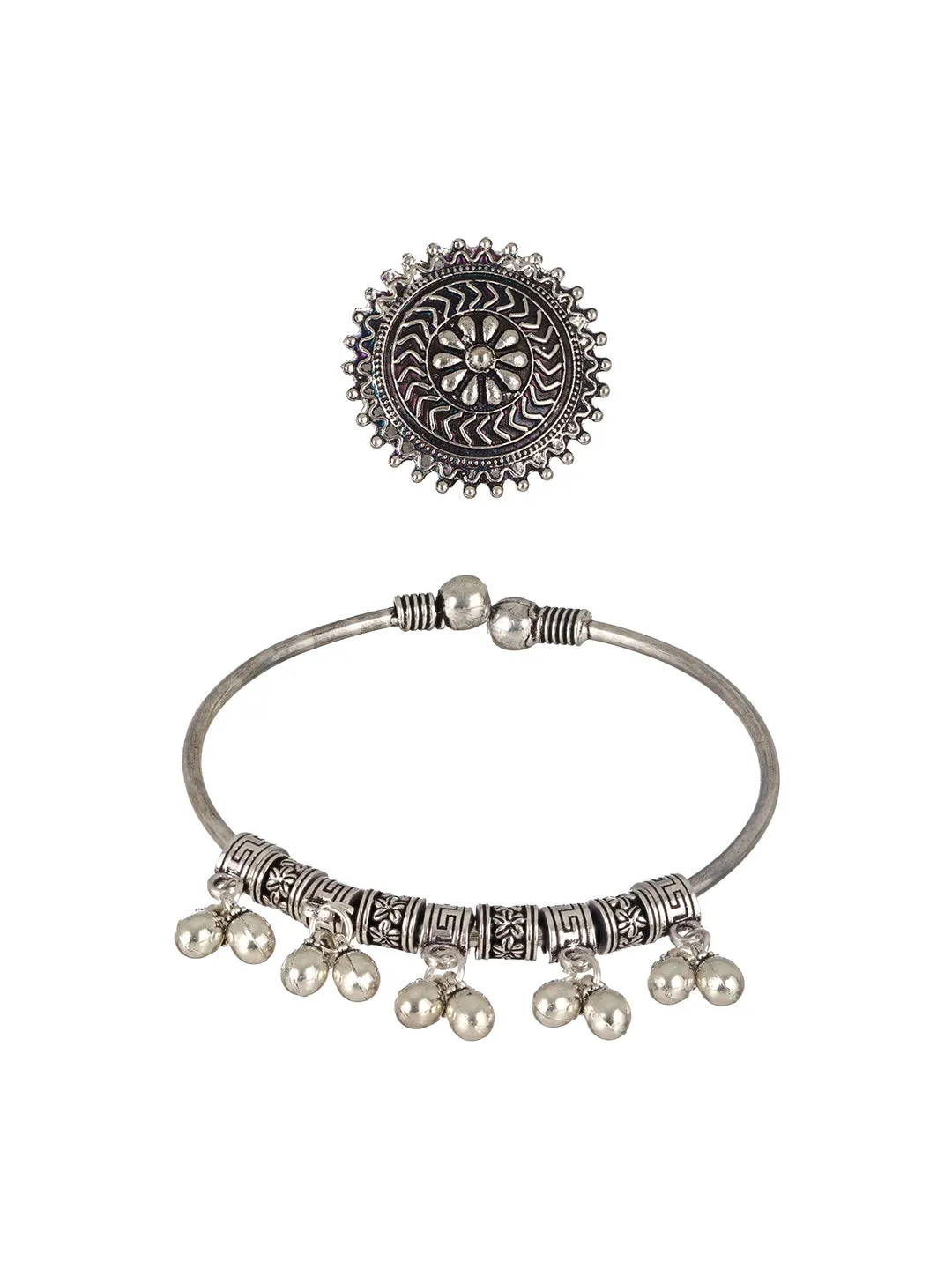 Set Of 2 Oxidised German Silver-Plated & Ghungroo Beaded Bracelet With Textured Ring