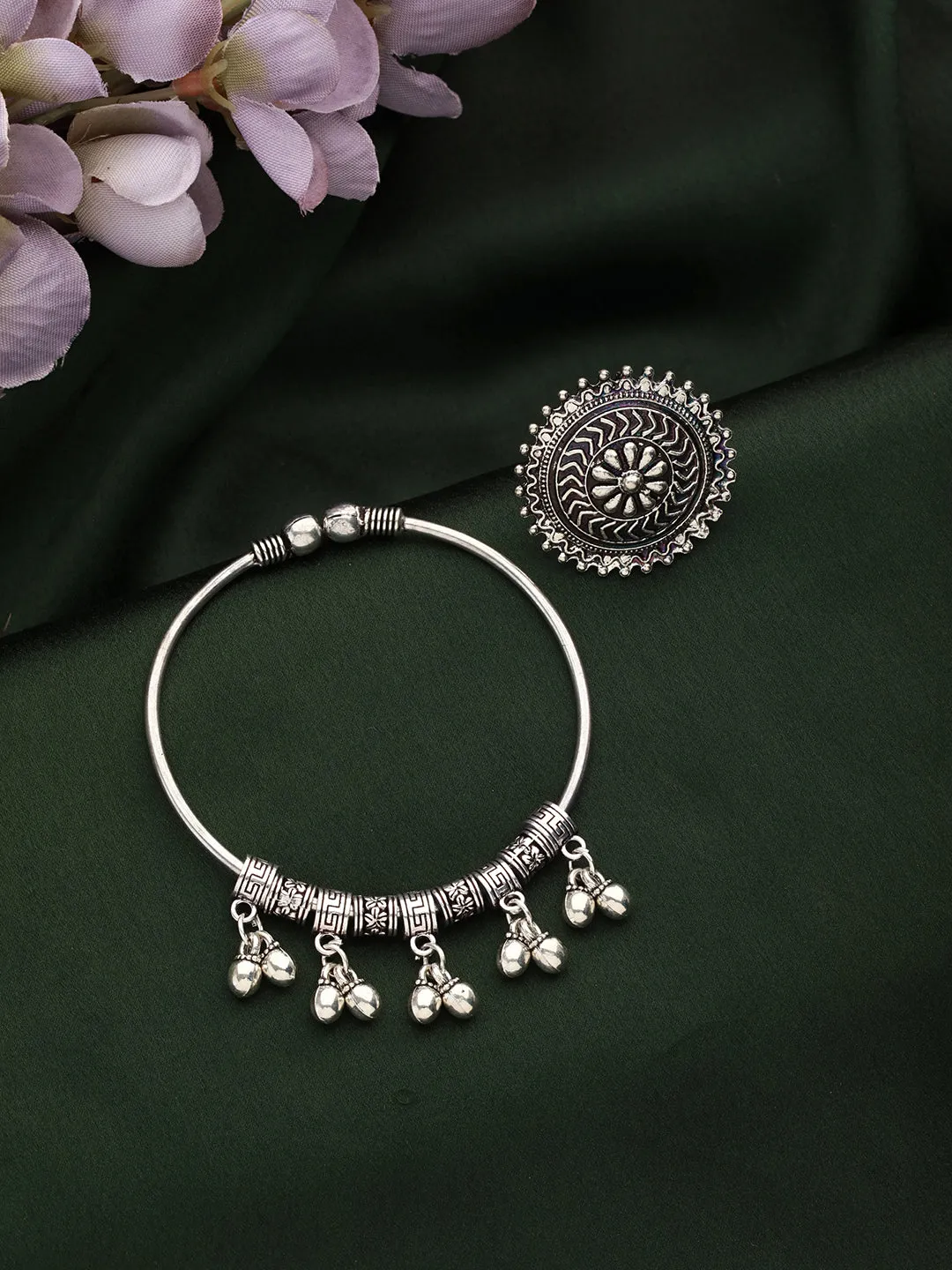 Set Of 2 Oxidised German Silver-Plated & Ghungroo Beaded Bracelet With Textured Ring