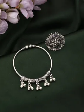 Set Of 2 Oxidised German Silver-Plated & Ghungroo Beaded Bracelet With Textured Ring
