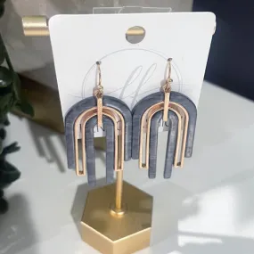Slate Gray Swirled U-Shape Gold Geometric Earrings