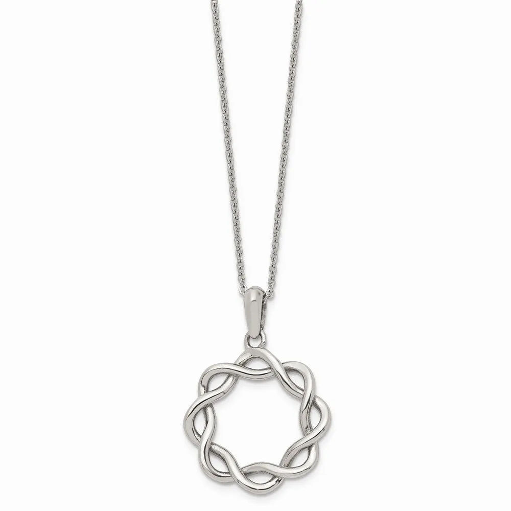 Stainless Steel Polished Criss Cross Circle 16 inch w/2in ext. Necklace