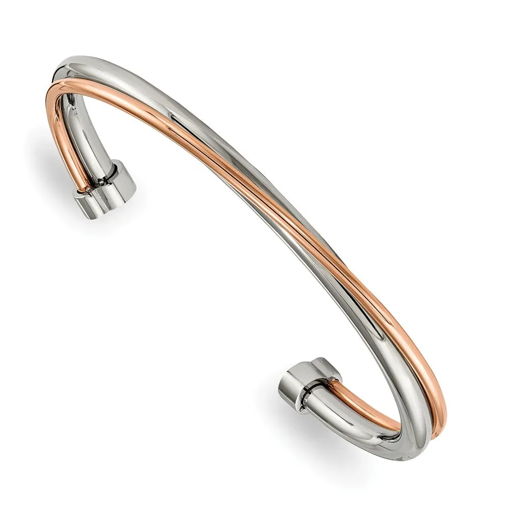 Stainless Steel Polished Rose IP-plated Twisted Cuff Bangle