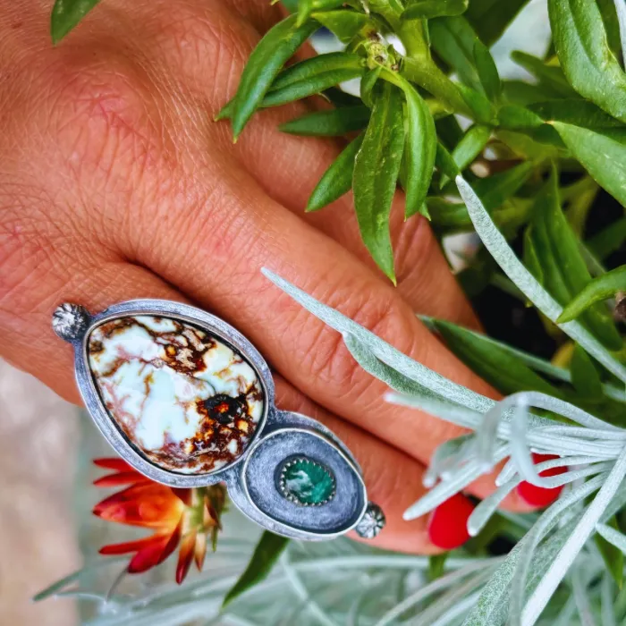 Sterling Silver Aloe Variscite Green Tourmaline Adjustable Ring
