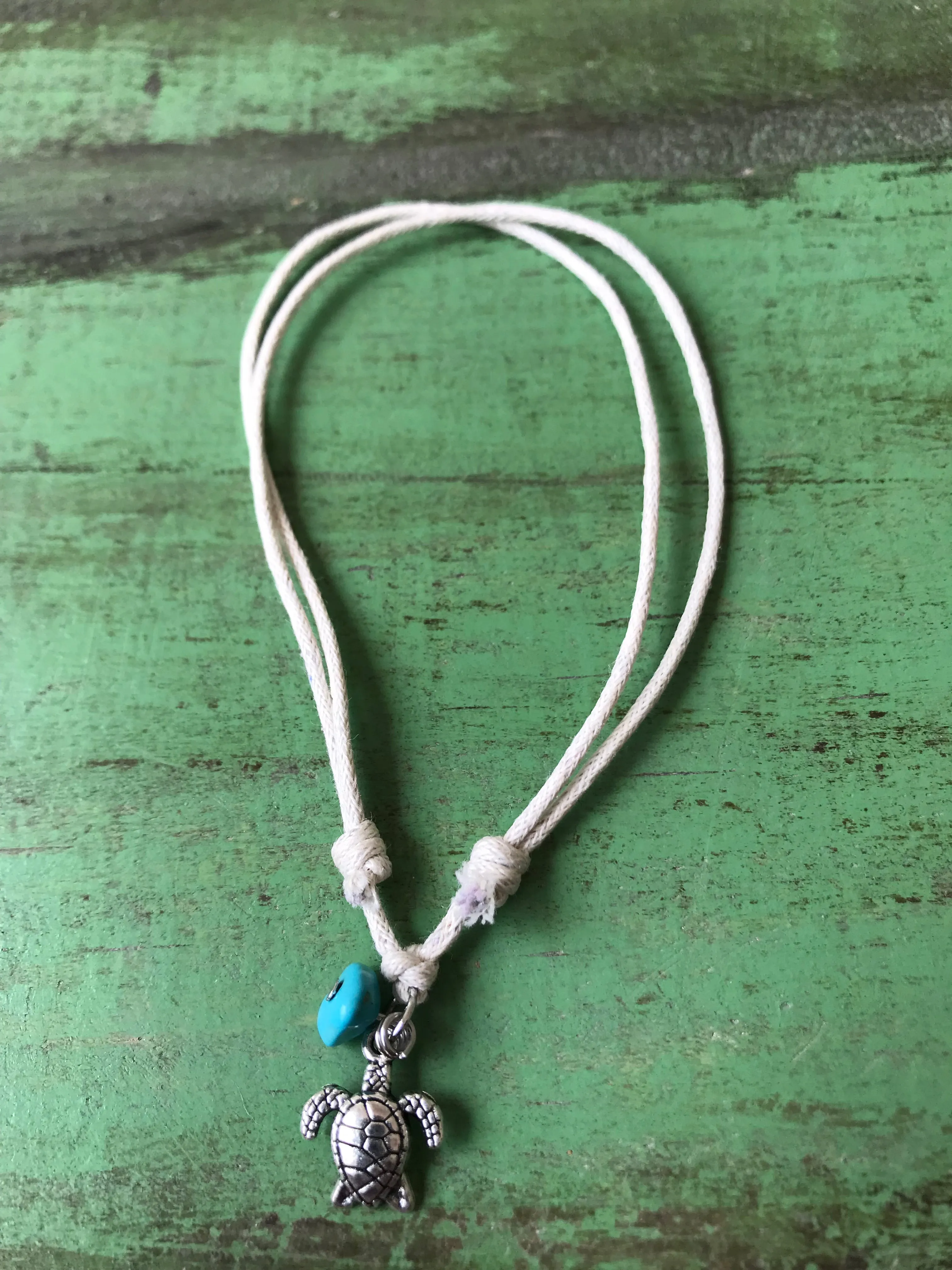 Turtle with Turquoise on Cream Cord Anklet