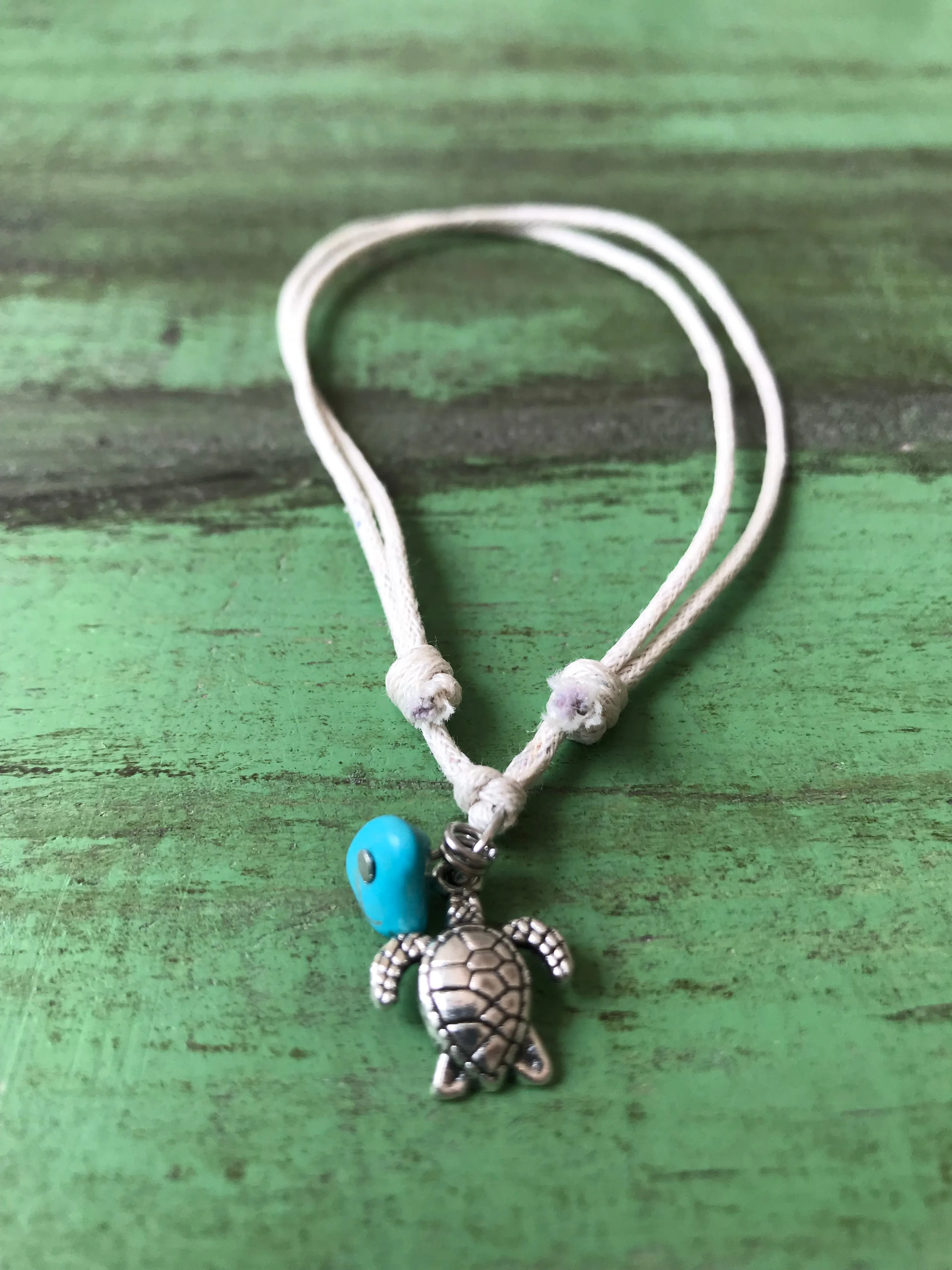 Turtle with Turquoise on Cream Cord Anklet