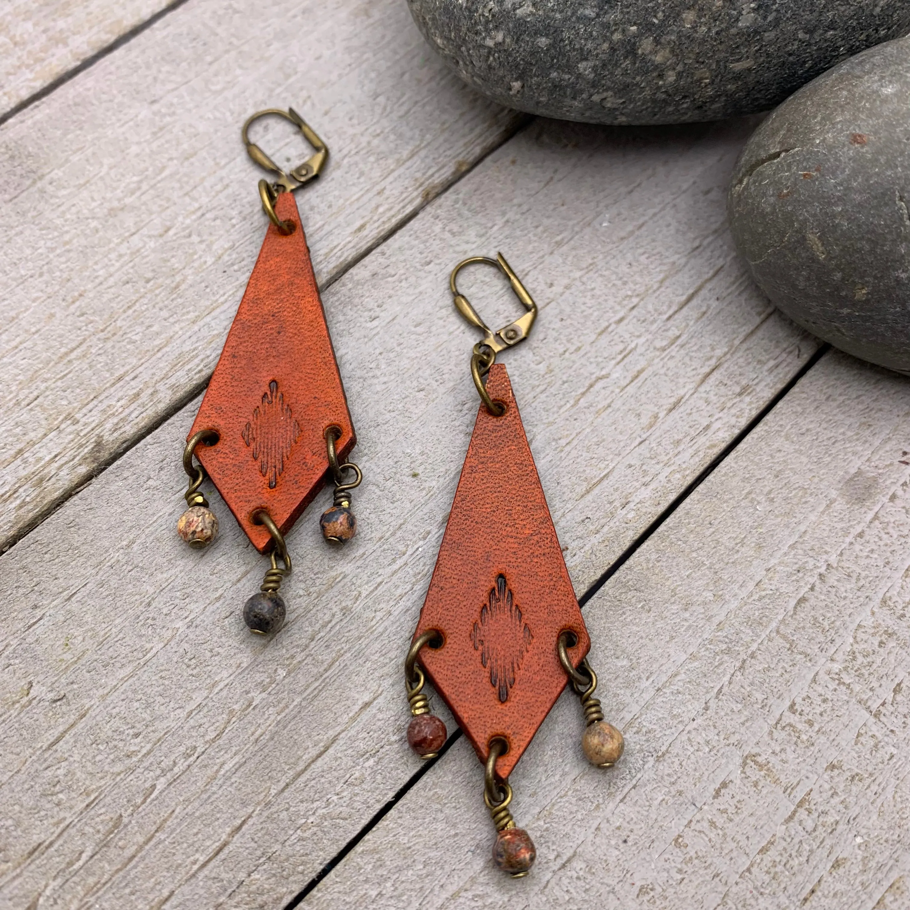 Western Style Leather Chandelier Earrings with Leopard Jasper