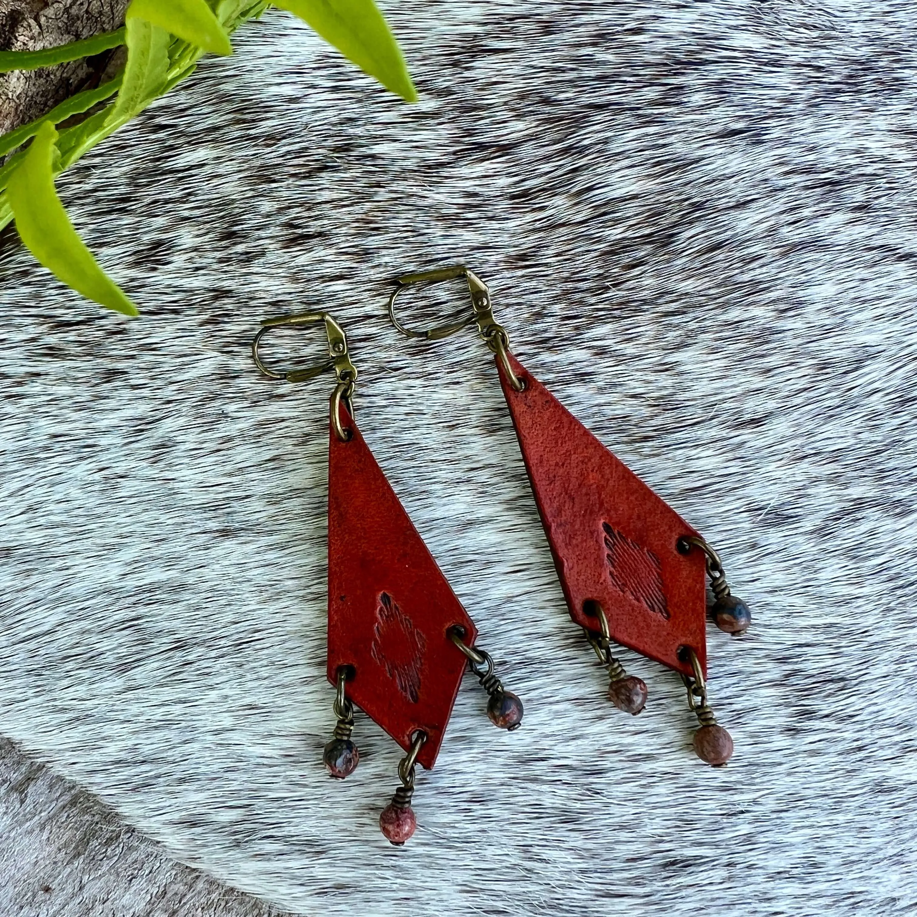 Western Style Leather Chandelier Earrings with Leopard Jasper