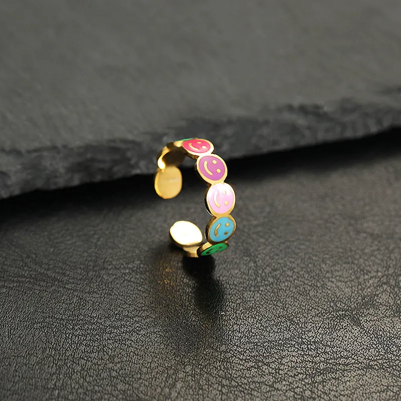 Wholesale Colorful Smiley Flower Opening Adjustable Stainless Steel Ring