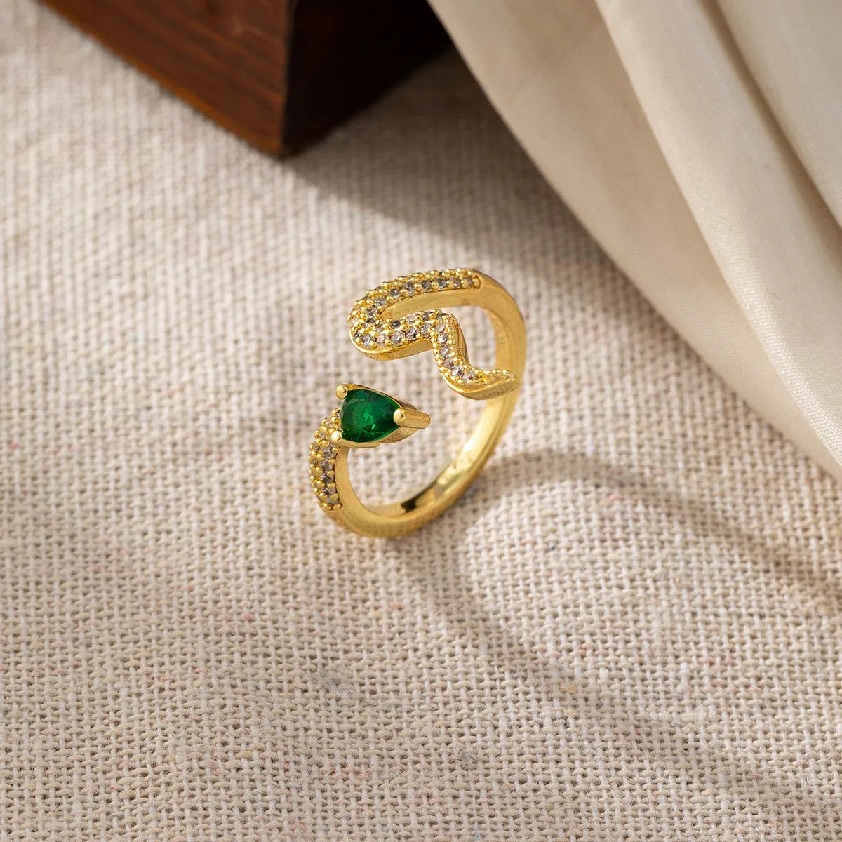 Wholesale Green Zircon Cool Cool Tide Wave Small Snake Open Ring