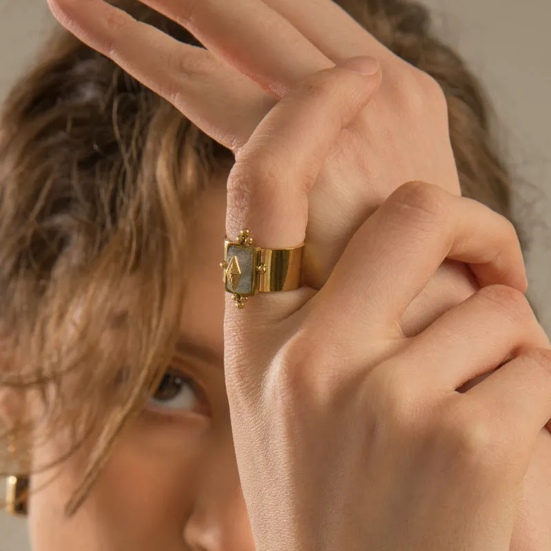 Wholesale Natural Stone Shell Titanium Steel Adjustable Ring