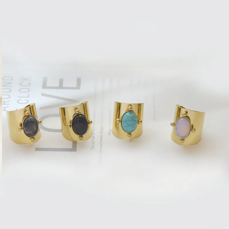Wholesale Natural Stone Shell Titanium Steel Adjustable Ring