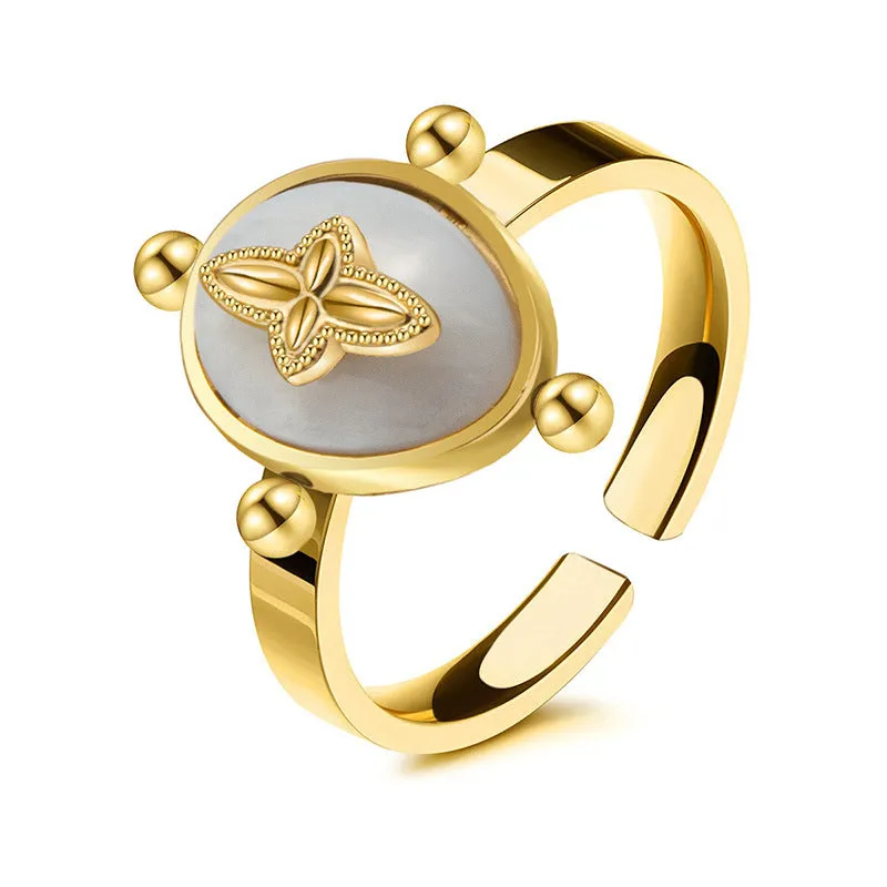Wholesale Natural Stone Shell Titanium Steel Adjustable Ring