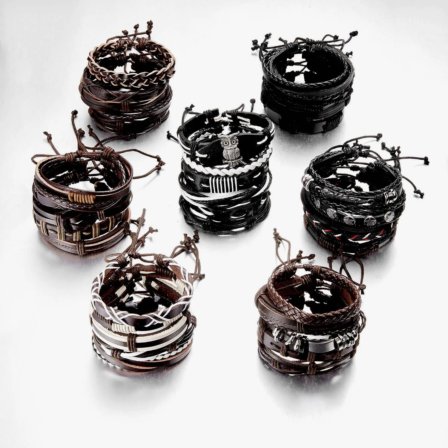 Wholesale Vintage Cross Leather Multi-layer Adjustable Hand-woven Men's Bracelet Set
