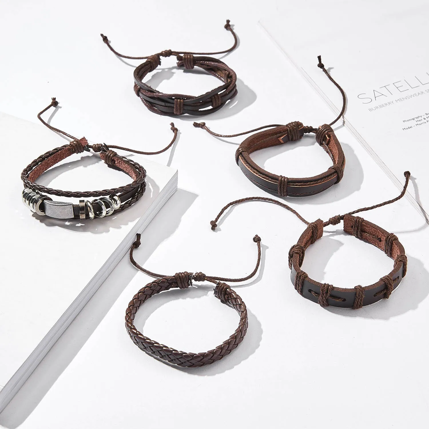 Wholesale Vintage Cross Leather Multi-layer Adjustable Hand-woven Men's Bracelet Set