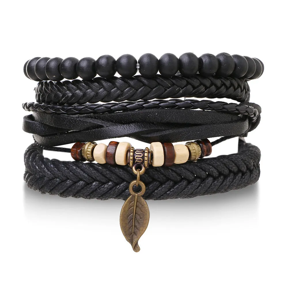Wholesale Vintage Multi-layered Adjustable Leather Beaded Bracelet for Men