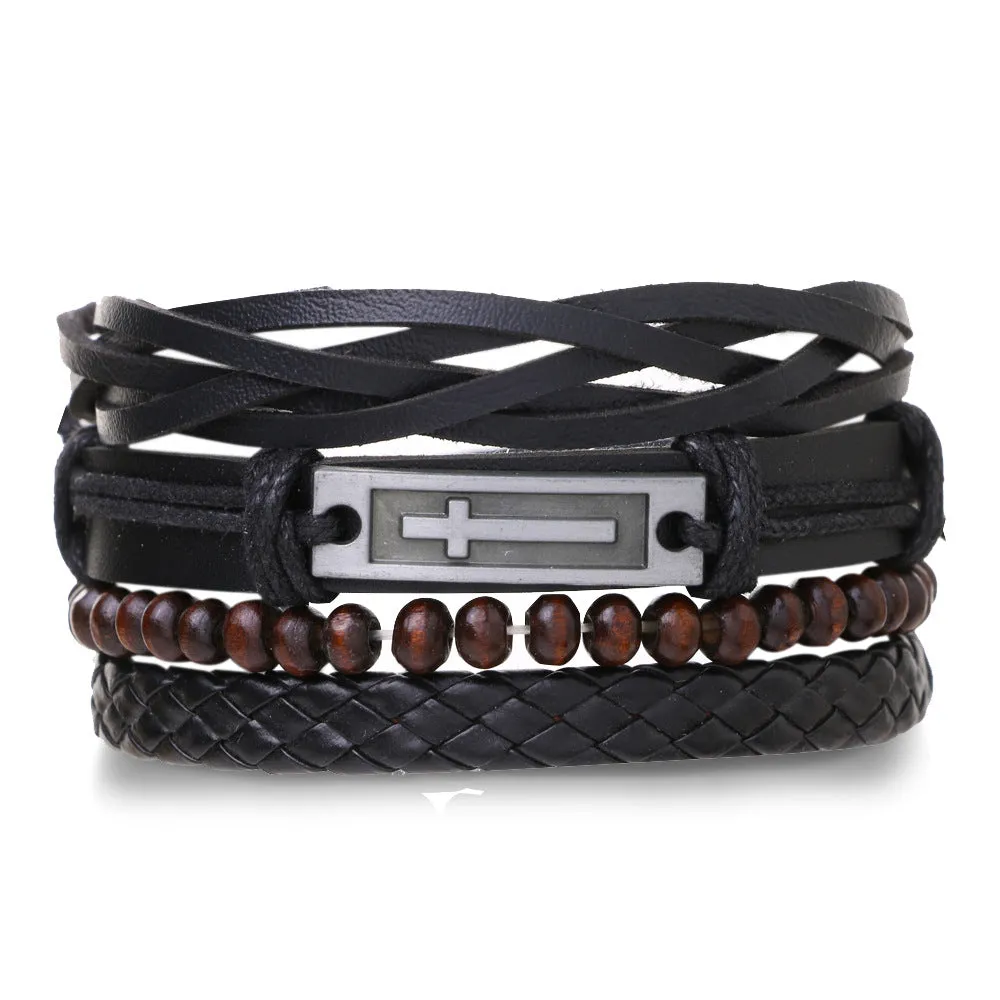 Wholesale Vintage Multi-layered Adjustable Leather Beaded Bracelet for Men