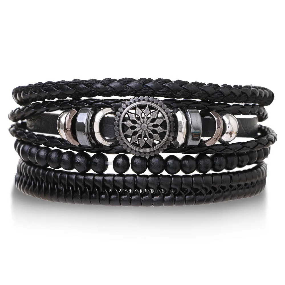 Wholesale Vintage Multi-layered Adjustable Leather Beaded Bracelet for Men