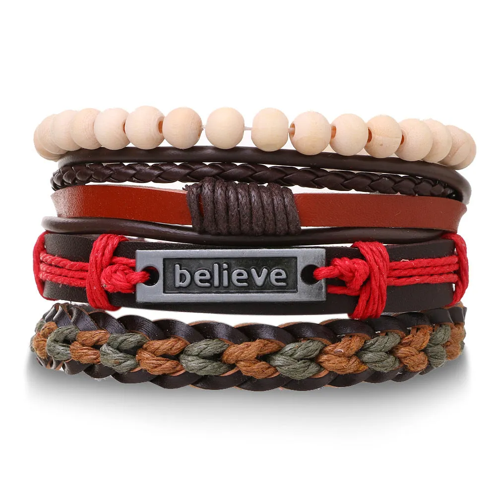 Wholesale Vintage Multi-layered Adjustable Leather Beaded Bracelet for Men