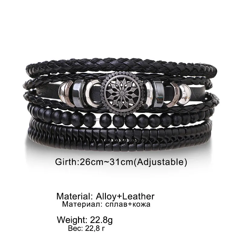 Wholesale Vintage Multi-layered Adjustable Leather Beaded Bracelet for Men