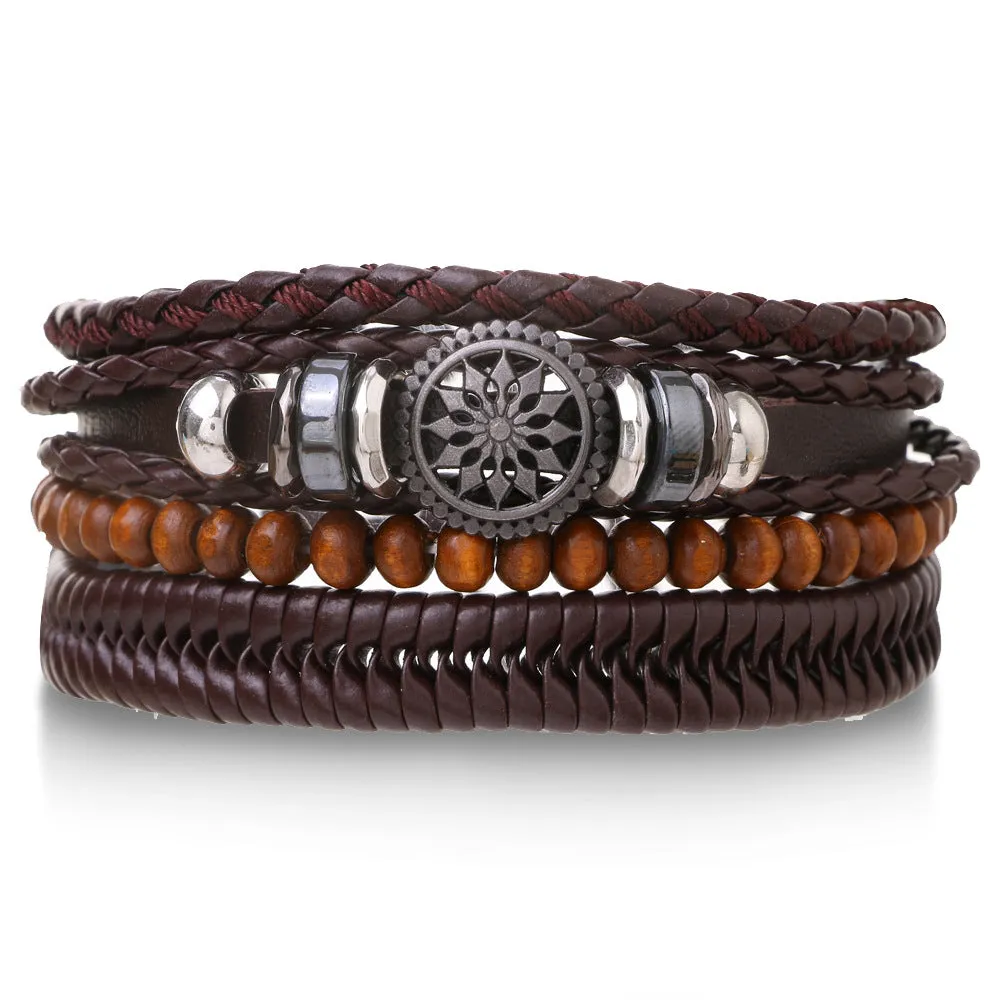 Wholesale Vintage Multi-layered Adjustable Leather Beaded Bracelet for Men