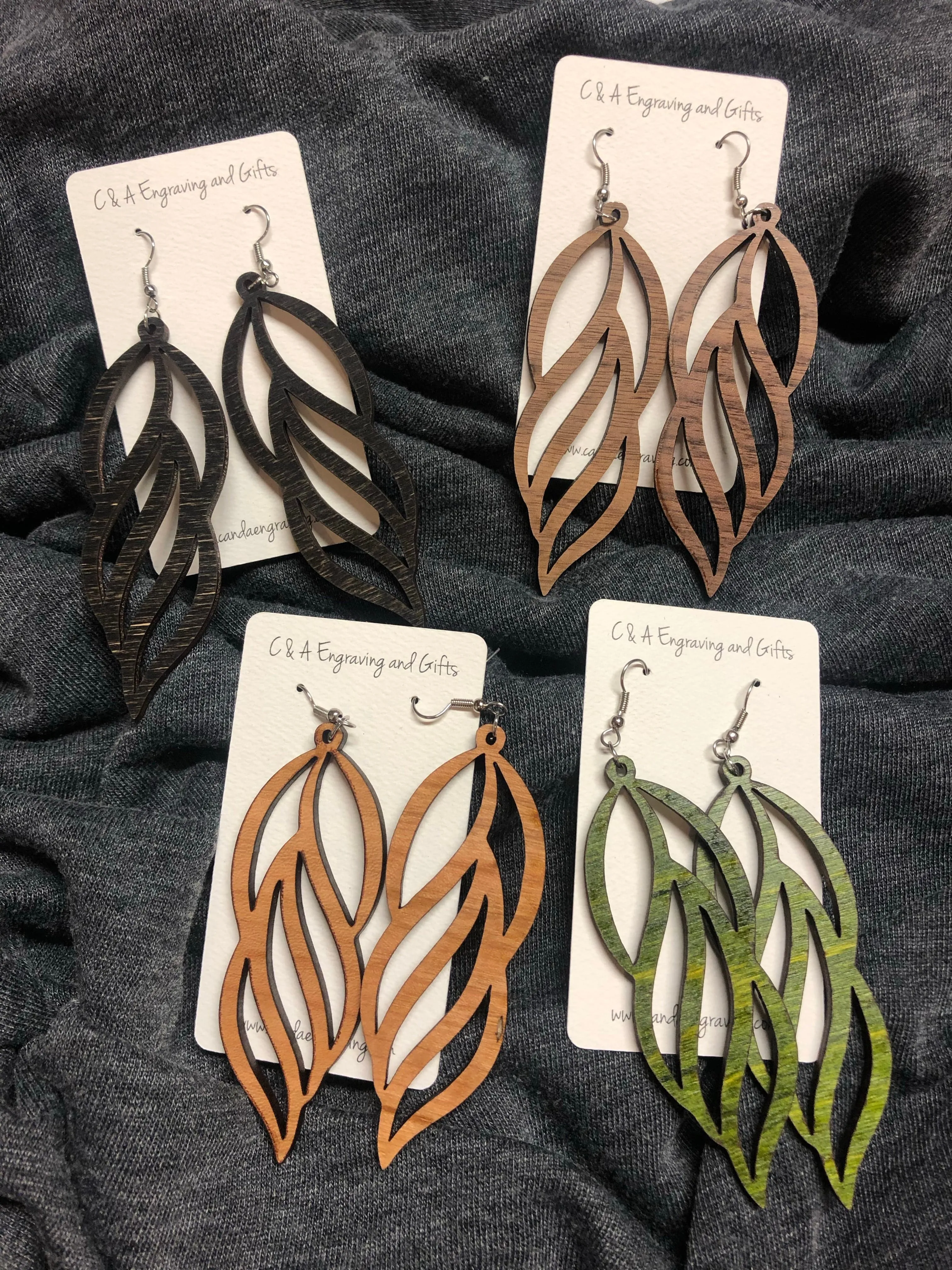 Wooden Leaf Dangle Earrings. Stained Birch Wood Laser Cut Earrings.